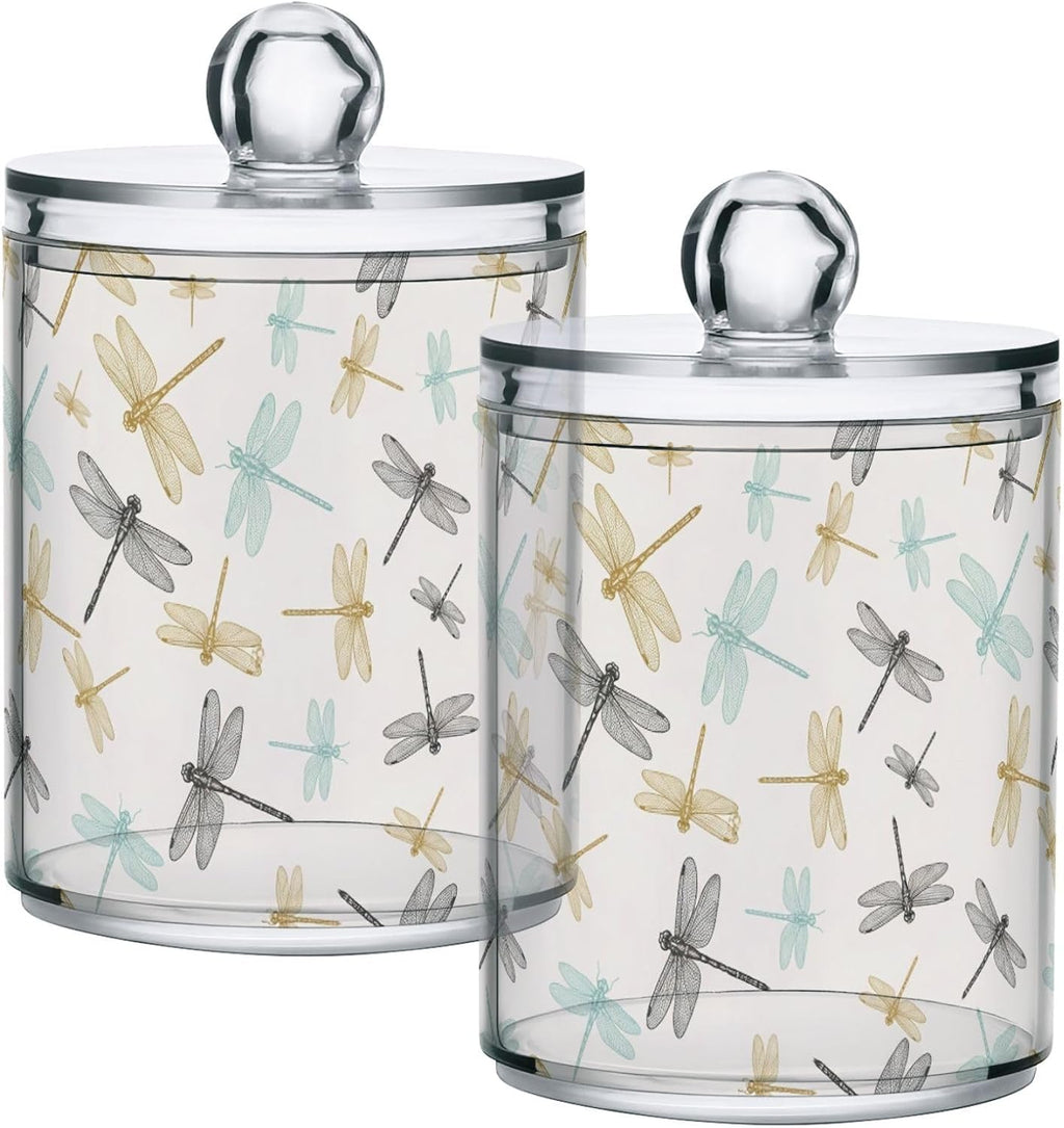 4 Pack Qtip Dispenser Apothecary Jars Bathroom Organizer, Golden Blue Dragonfly Retro Qtip Holder Storage Canister Plastic Acrylic Jar for Cotton Ball/Swab/Rounds