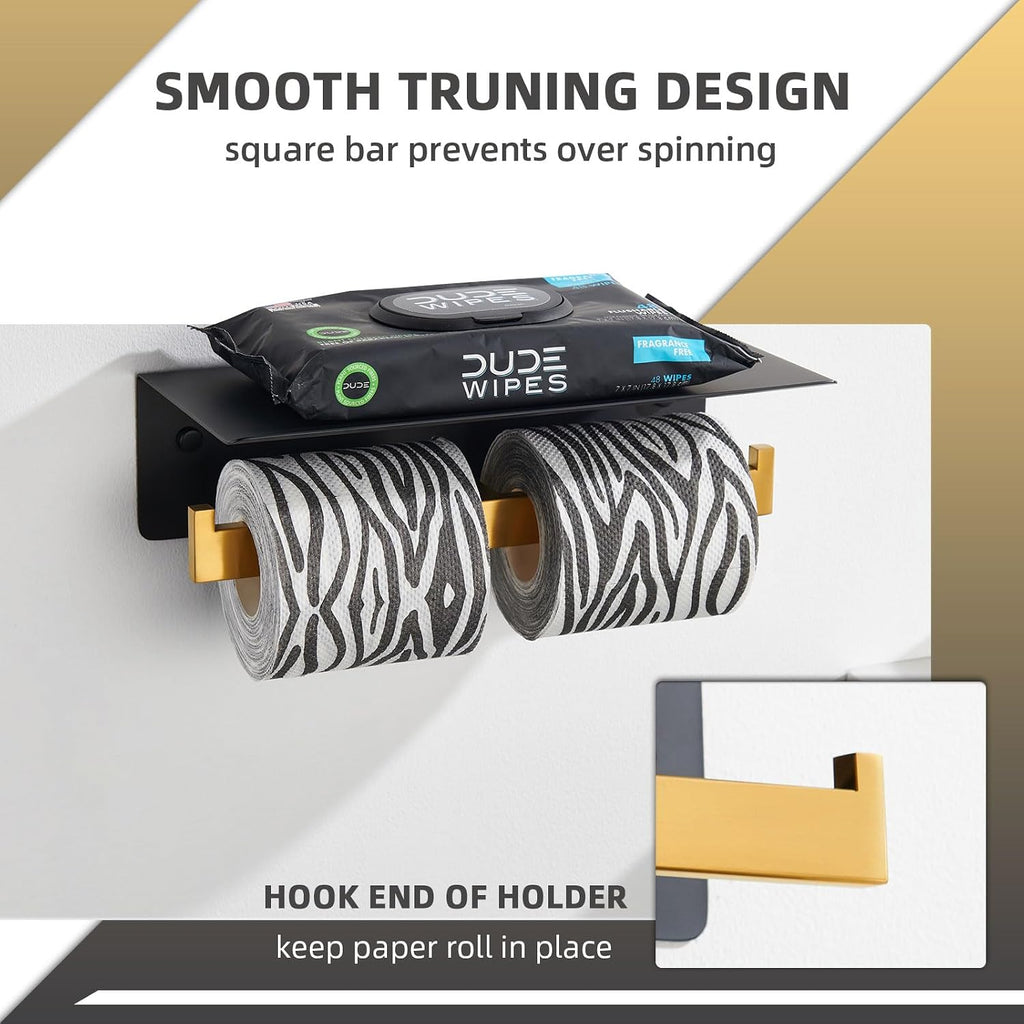 Angle Simple Bathroom Toilet Paper Holder with Phone Shelf, Black and Gold
