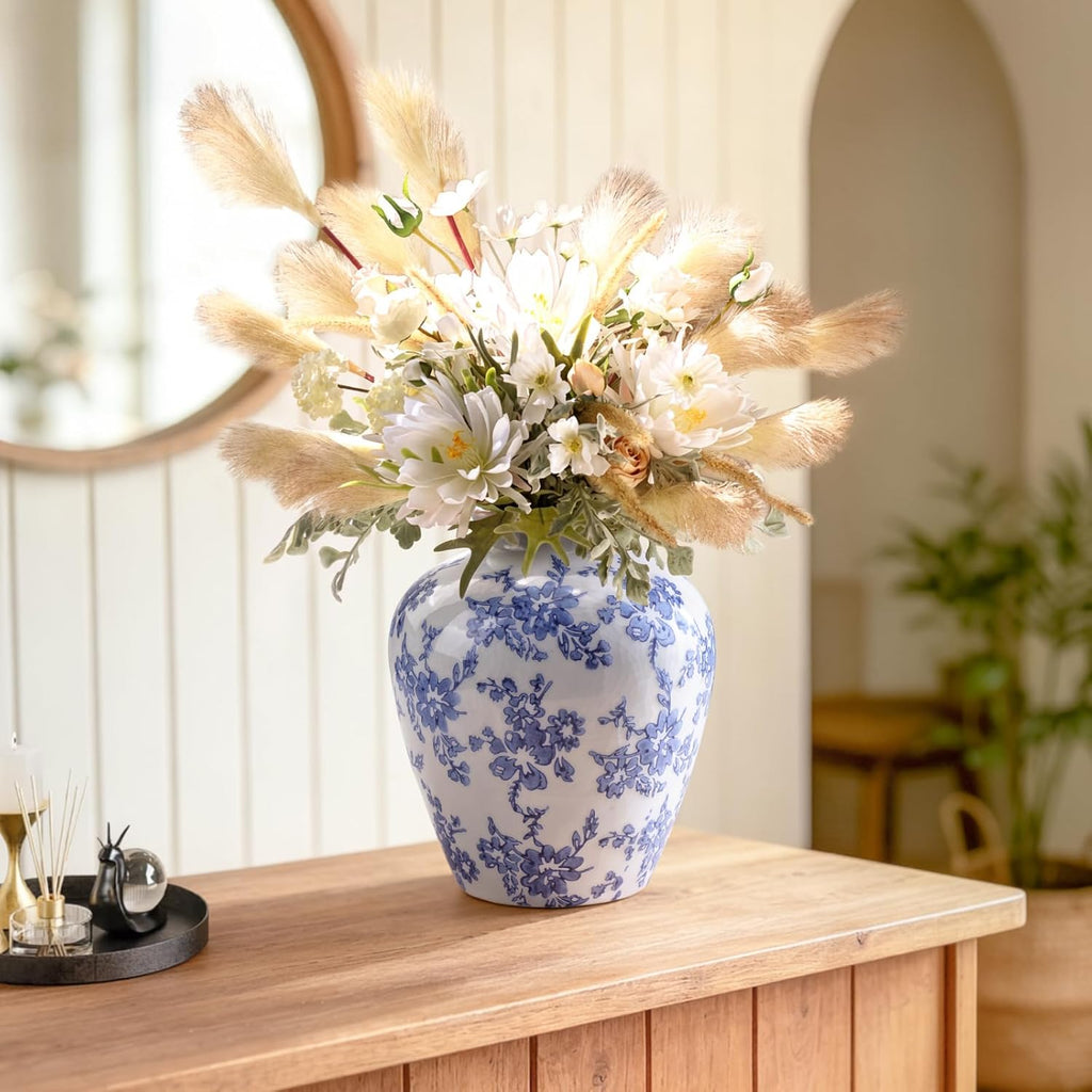 Ceramic Flower Vase Home Decor,8 Inch Blue and White Porcelain Vases,Vintage Table Vase for Farmhouse Rustic Living Room Kitchen Bedroom Shelf Office Desk Coffee Dining Fireplace