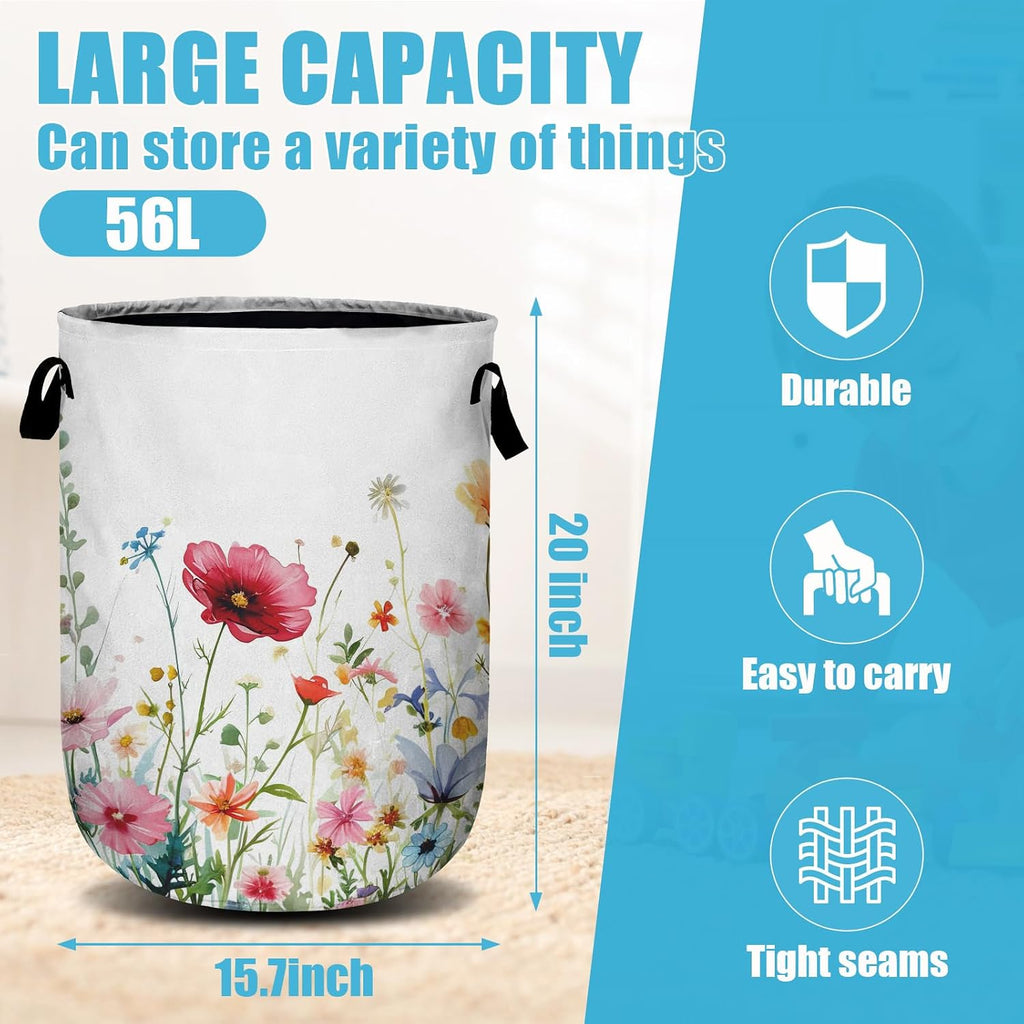 Watercolor Wildflowers Laundry Basket, Floral Laundry Hamper Collapsible Oxford Cloth with Handle Clothes Storage Bin for Bathroom Laundry Room Bedroom 15.7 X 20 Inch