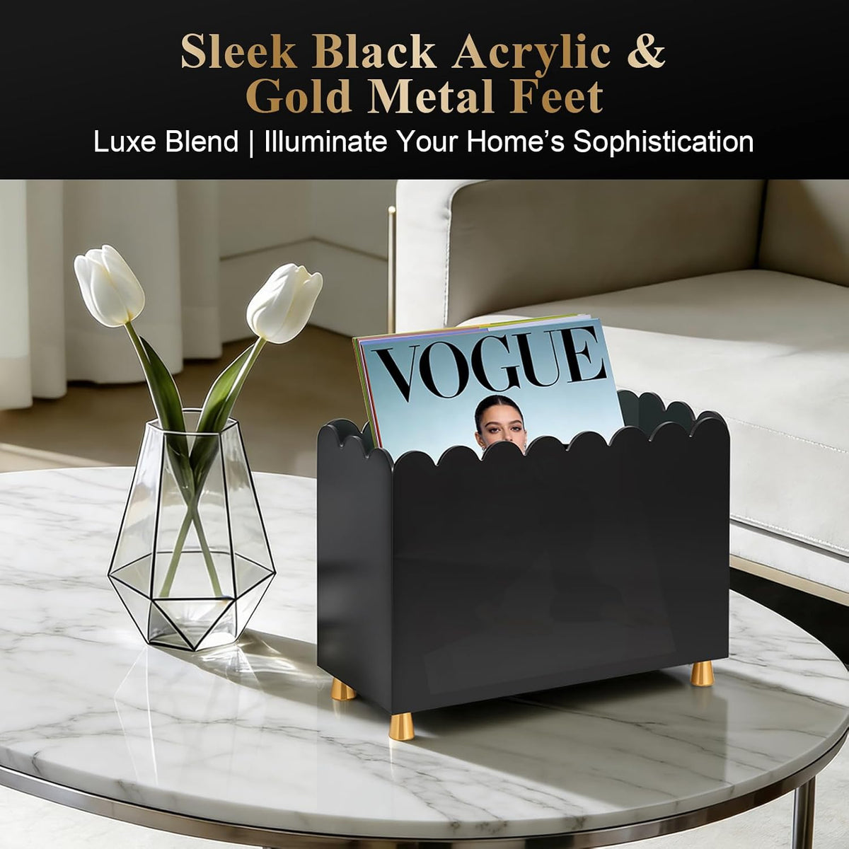 Acrylic Magazine Holder, Magazine Rack Floor,Sleek Black Stylish Organizer with Luxe Gold Metal Feet and Wave Edge Design Space Saving Storage for Books Newspapers Office Supplies,Home Office(Black)