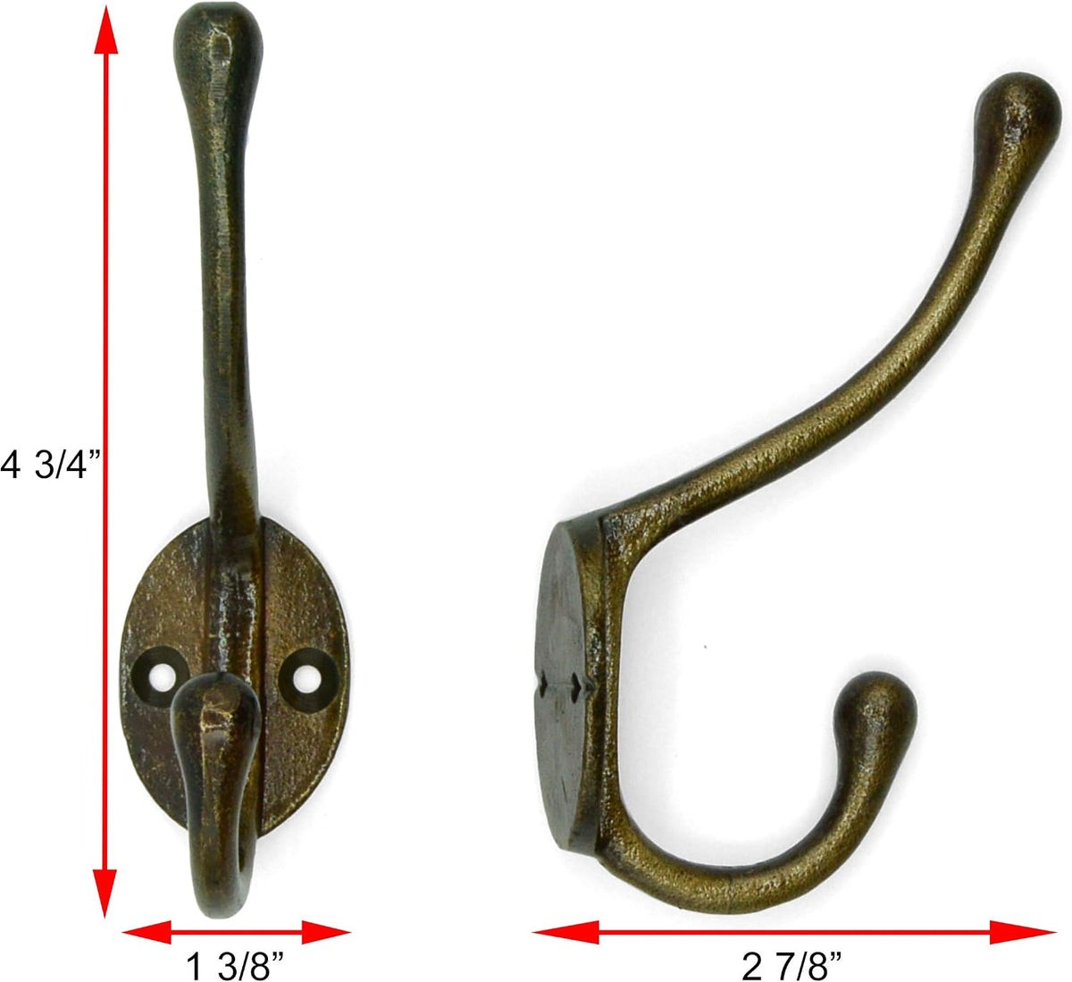 CRAFTSMAN ROAD Vintage Cast Iron Wall Hooks (Antique Brass Finish, Set of 4) - Rustic, Farmhouse Coat Hooks | Coats, Bags, Towels, Hats | Classic Slender