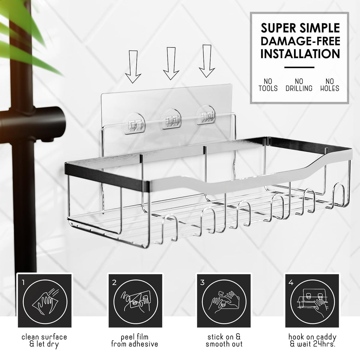 Clara Clark Shower Caddy Adhesive Organizer - Large Capacity Shower Rack, Rustproof Stainless Steel Shelves for Bathroom Storage & Home Decor
