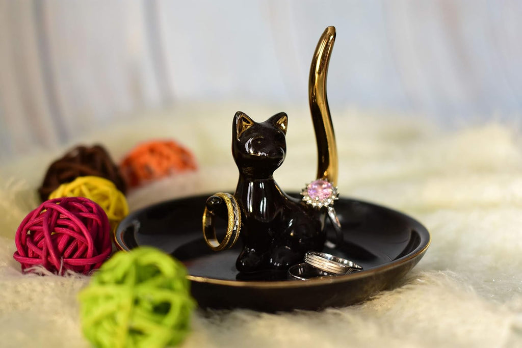 Happy Cat Posture Ring Holder Jewelry Storage Dish Trinket Tray Decorative Black/Golden Tail.