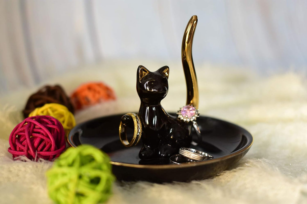 Happy Cat Posture Ring Holder Jewelry Storage Dish Trinket Tray Decorative Black/Golden Tail.