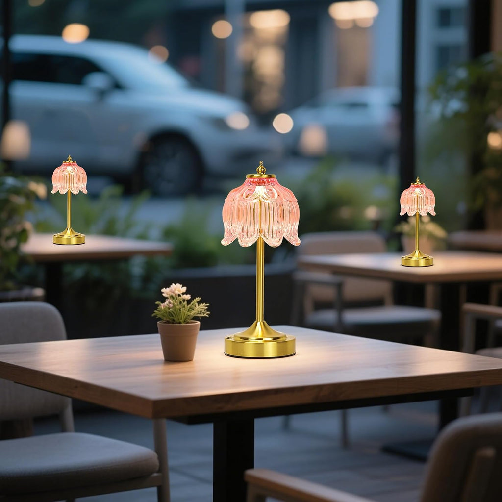 Cordless Table Lamp, Rechargeable Pink Glass Lotus Flower Lamp