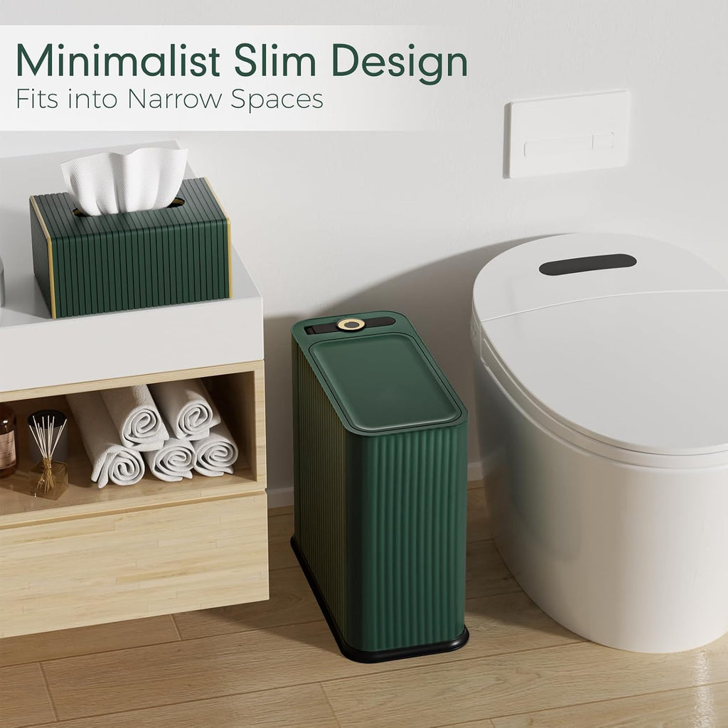 Bathroom Trash Can with Lid and Tissue Box Cover Set 13 L/ 3.5 Gallon Dark Green Trash Can with Pop-Up Lid Small Garbage Can for Bathroom Bedroom Office Kitchen