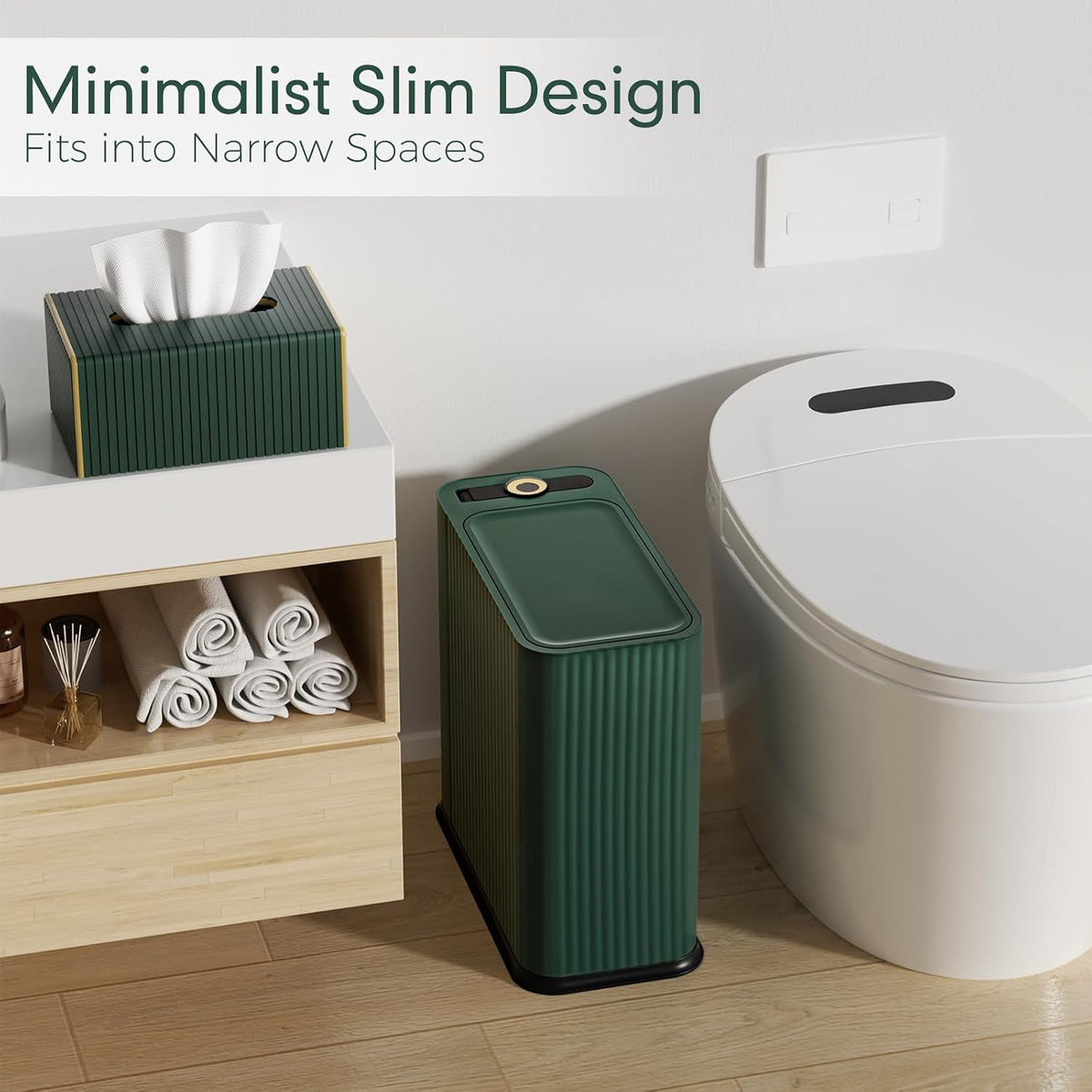 Bathroom Trash Can with Lid and Tissue Box Cover Set 13 L/ 3.5 Gallon Dark Green Trash Can with Pop-Up Lid Small Garbage Can for Bathroom Bedroom Office Kitchen
