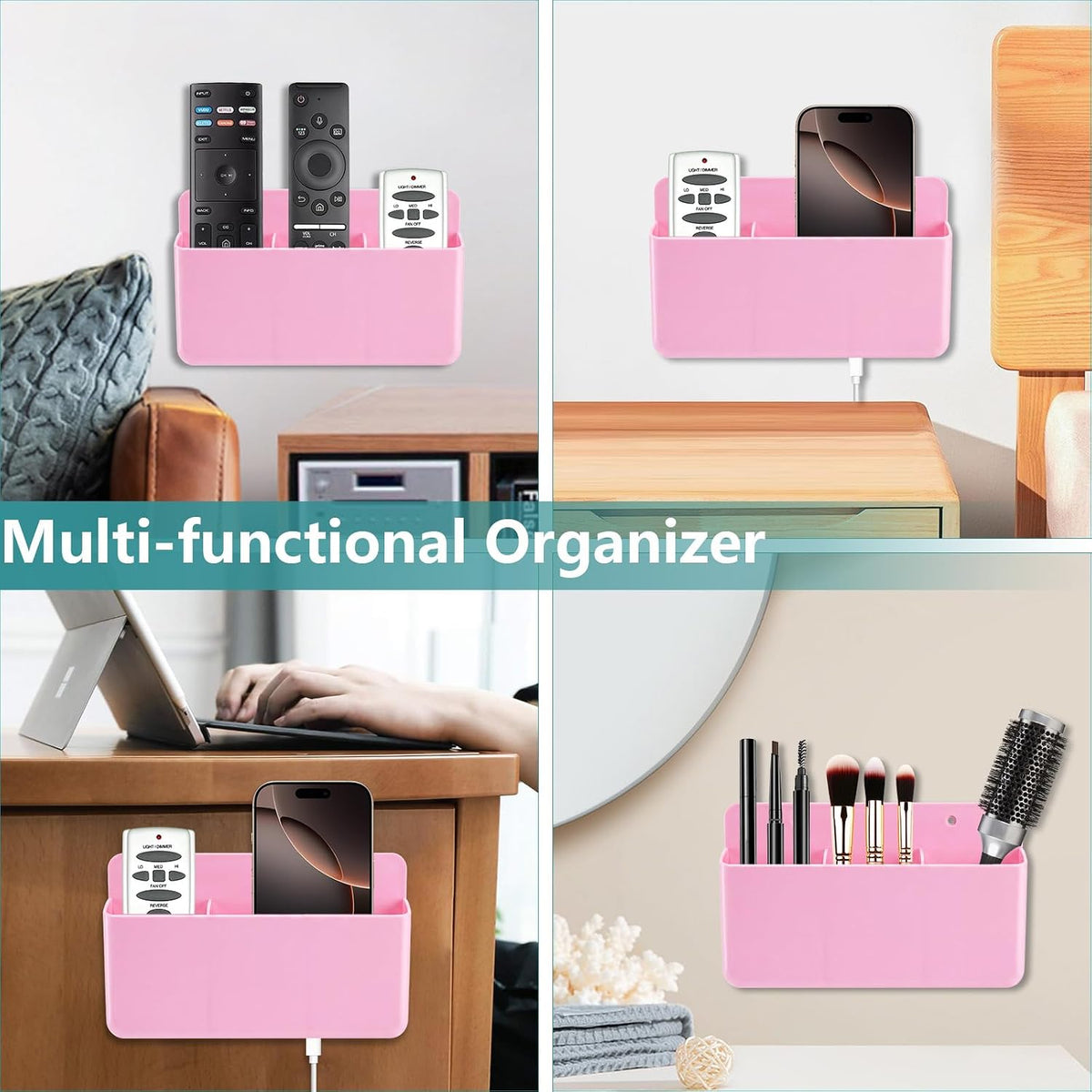 3 Slot Remote Control Holder, TV Remote Holder Wall Pen Storage Accessories for Home Office School (Pink)