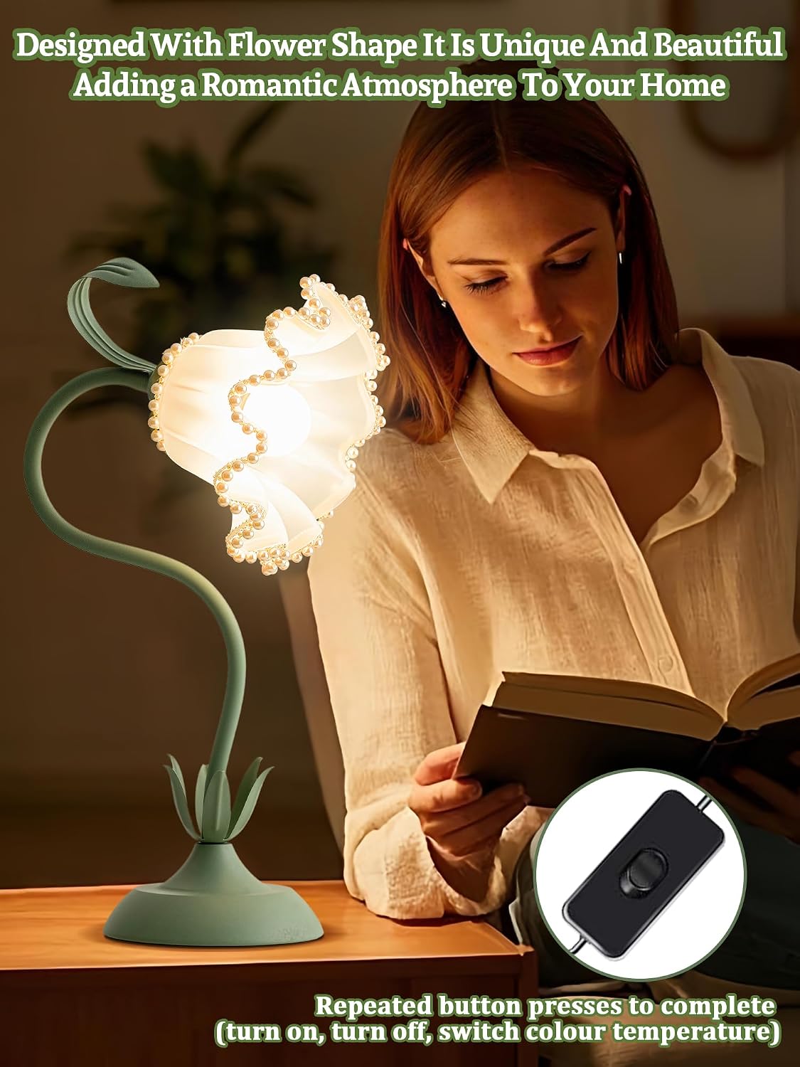 Flower Table Lamp Bedside Lamps LED Reading Light,3 Color Modes Cute Small Lamp,Vintage Flower Lamp Kawaii Table Lamp for Bedroom Living Room Office Dorm Desk Home Decor (Pearl Green lamp)