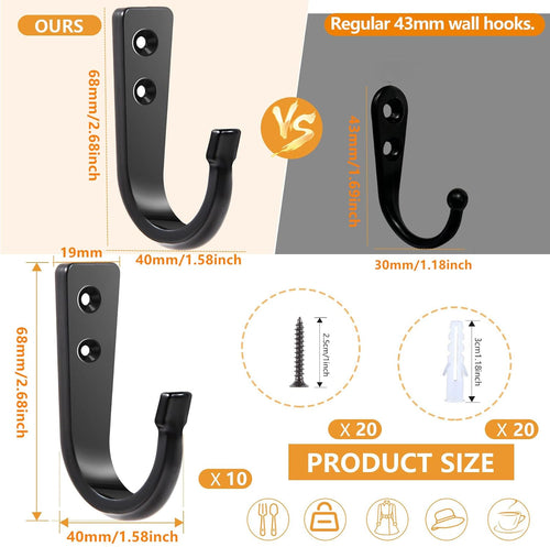 10Pcs Heavy Duty Wall Hooks for Hanging, Large Size Wall Hooks,Coat Hooks, for Backpacks, Coats, Cast Iron Pans and Other Heavy Items (Black Hooks)