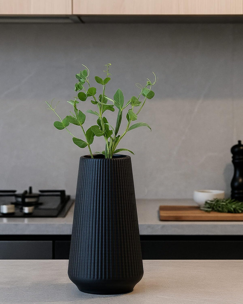 vensovo 8 Inch Glossy Black Ceramic Vase, Ribbed Narrow Neck Flower Vase
