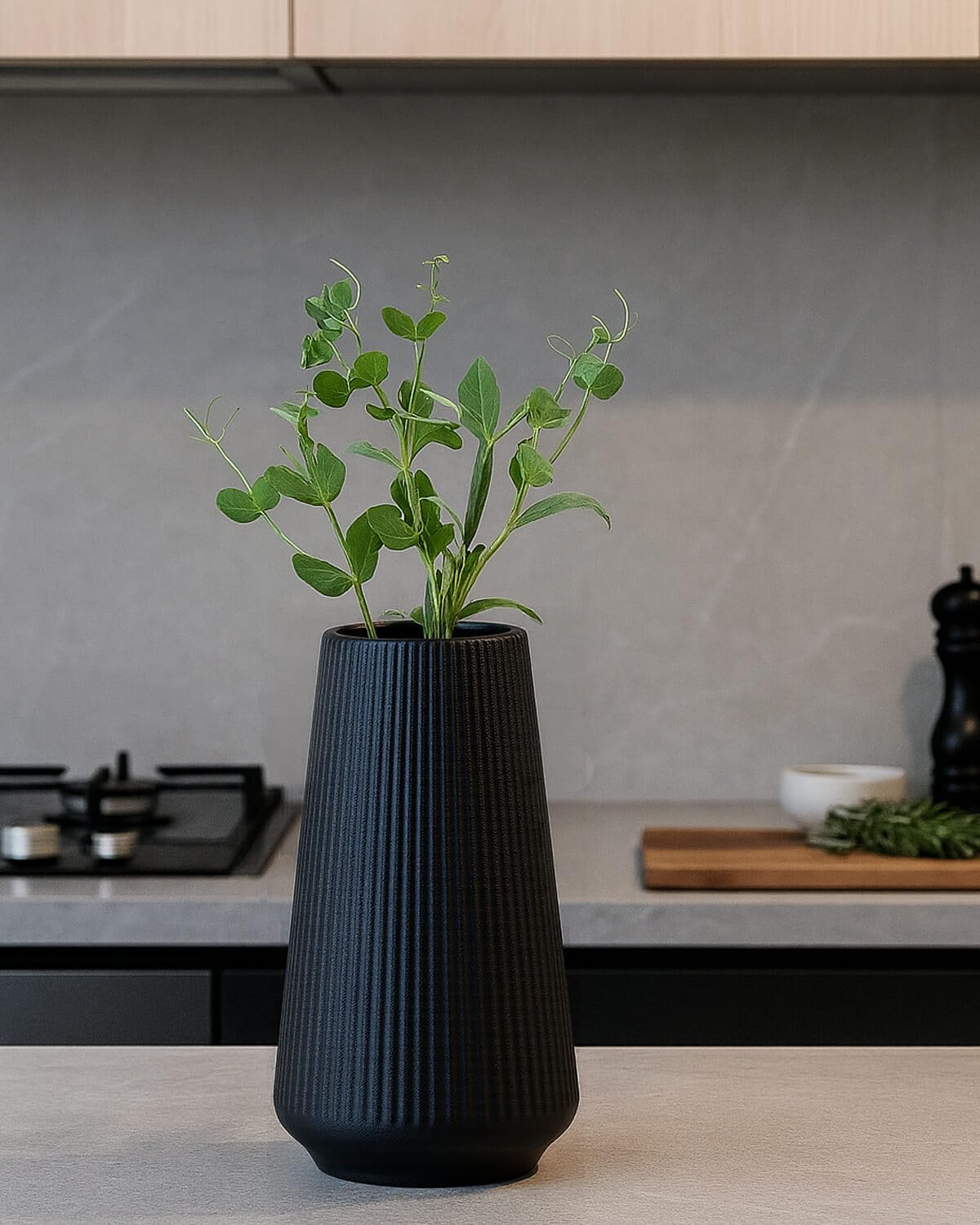 vensovo 8 Inch Glossy Black Ceramic Vase, Ribbed Narrow Neck Flower Vase