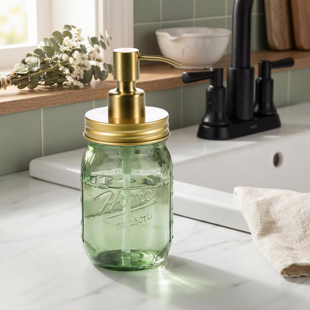 Amolliar Green Glass Mason Jar Liquid Soap Dispenser, 16OZ, Gold 2 Pack