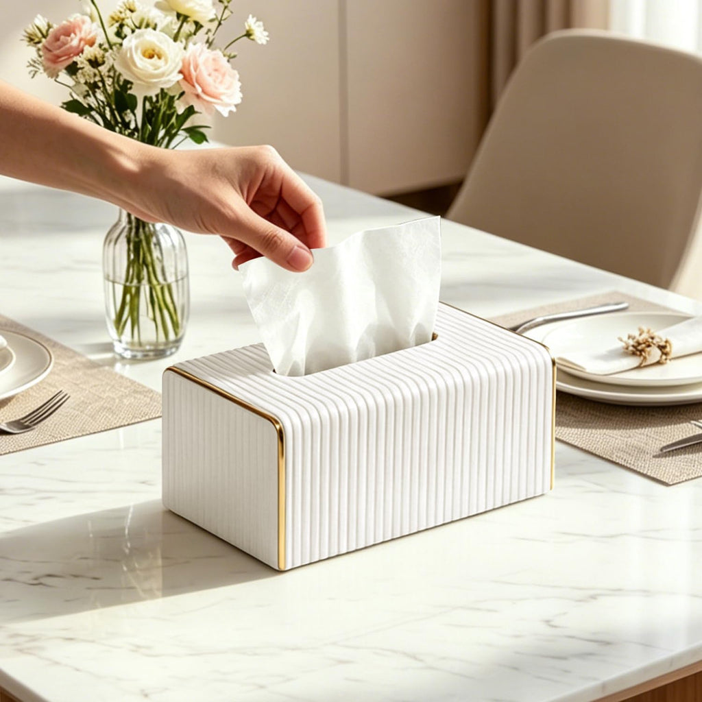 White Tissue Box Cover Rectangle, Tissues Holder with Gold Edging