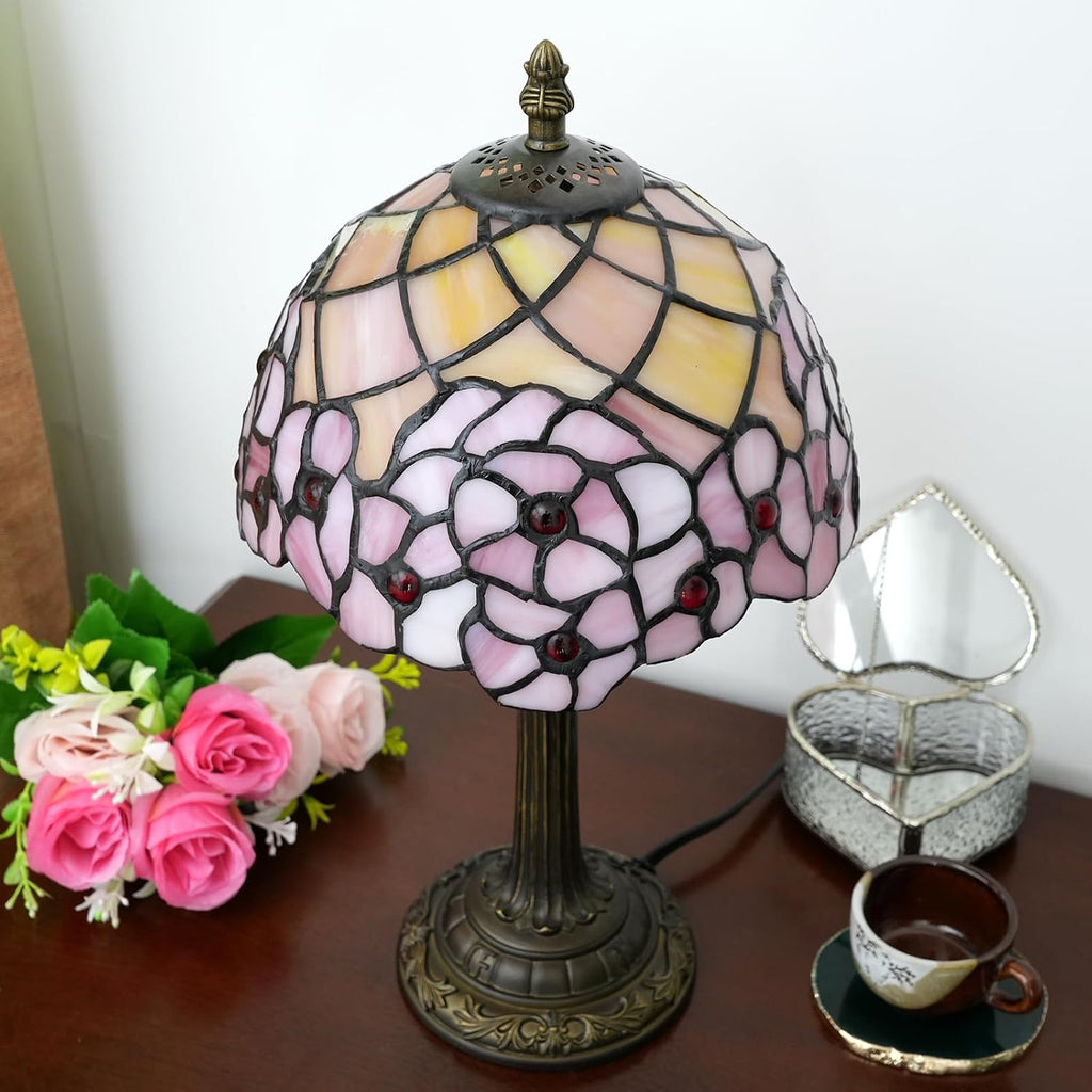 Tiffany Lamp Stained Glass Table Lamp Cherry Blossom Pink Small Bedside Lamp Living Room Dining Room Office Decoration Desk Lamp Home Decoration Creative Gift