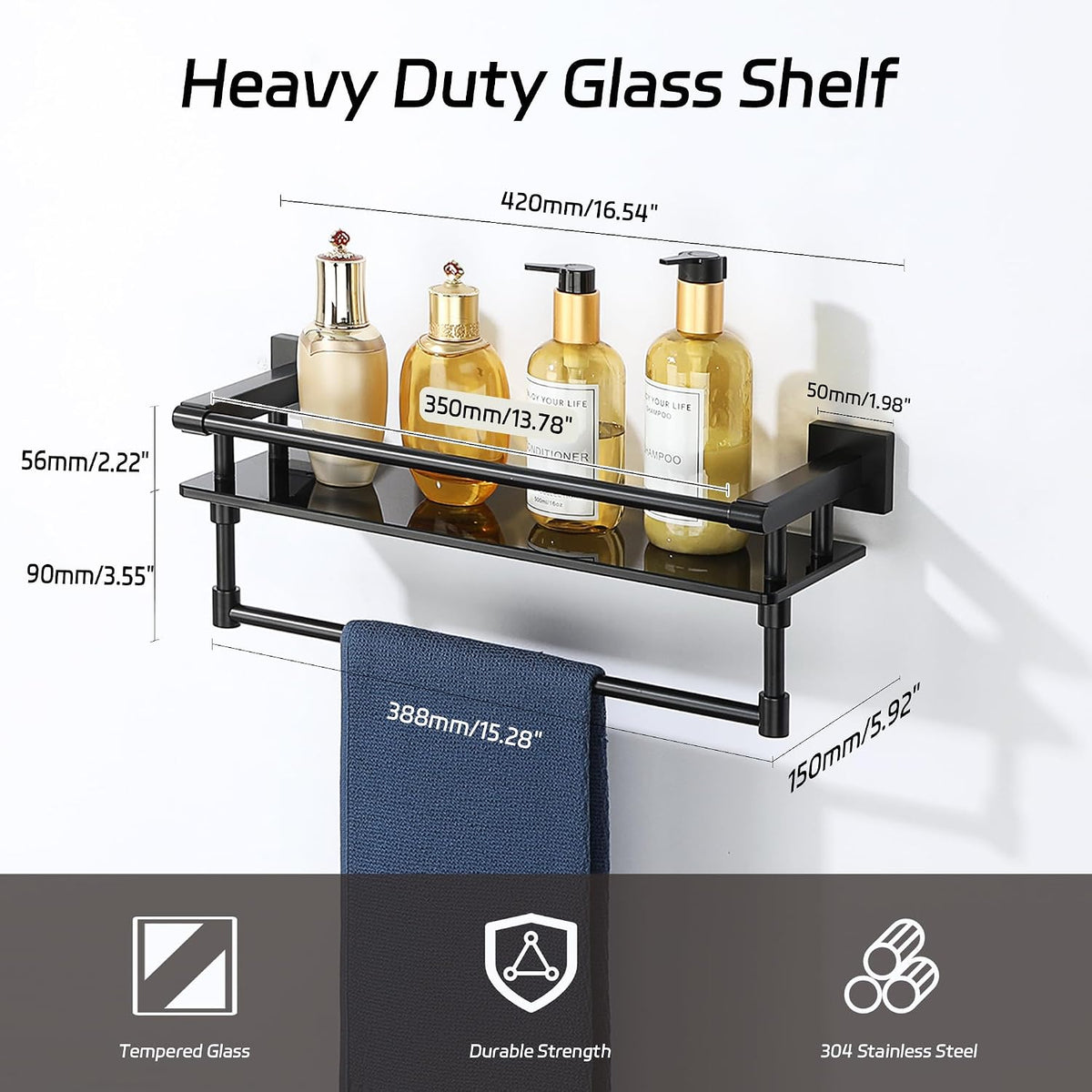 Alise Bathroom Shelf with Towel Bar,16 Inch Matte Black Glass Shelf