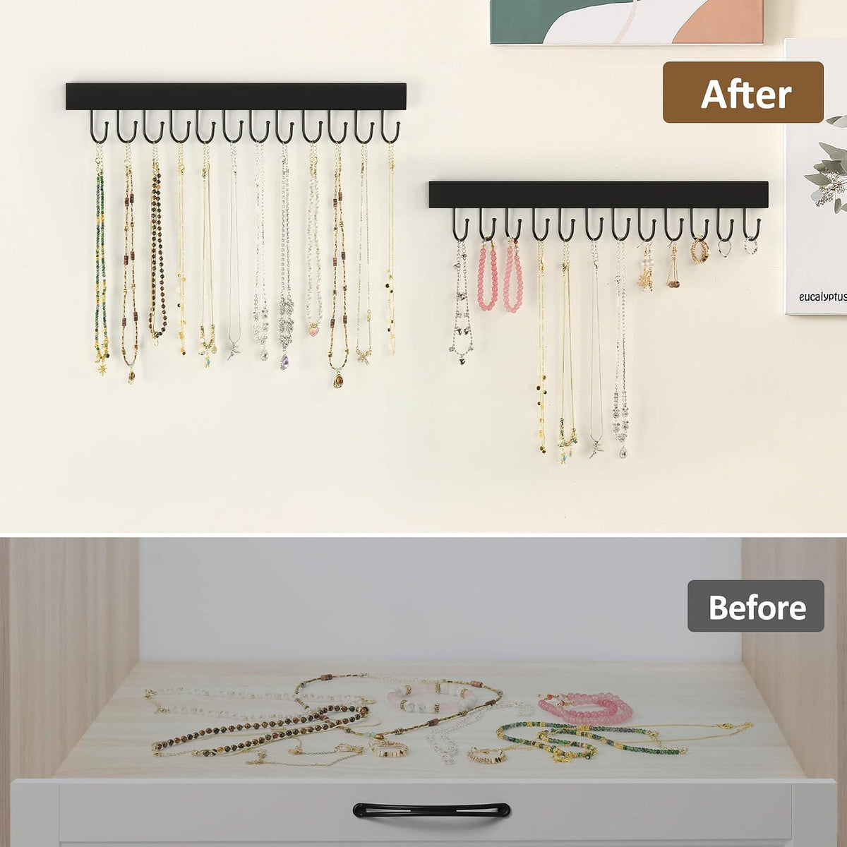 ZEDODIER 2 Pack Necklace Organizer Wall Mount, Wooden Jewelry Hanger Necklace Holder with 24 Hooks,Hanging Jewelry Organizer, Black