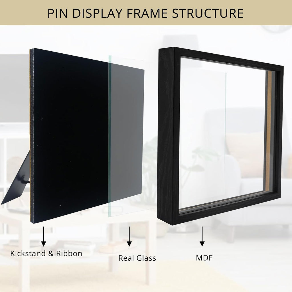 GMFrames 11x11 Enamel Pin Display Case, Pin Collection Display Frame with Real Glass, Shadow Box for Wall and Tabletop, Pin Holder Black