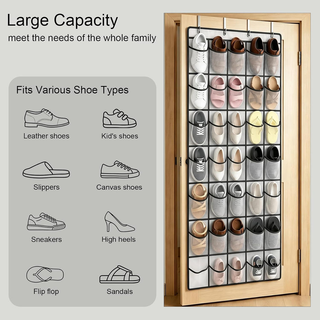 35 Pockets Over The Door Shoe Organizer, Large Breathable Mesh Hanging Shoe Rack with 4 Metal Hooks, Space Saving White Over Door Shoe Storage Holder Mesh Bag for Closet Entryway Bedroom Pantry