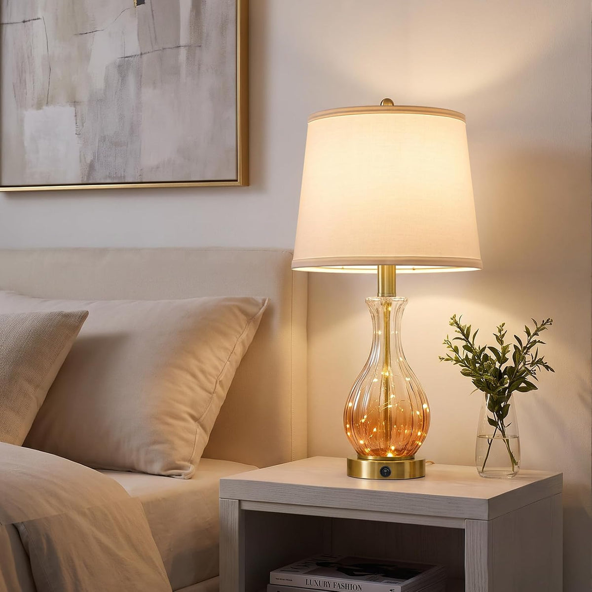 Oneach 22" Amber Glass Table Lamps with Fairy Light for Bedroom Nightstands
