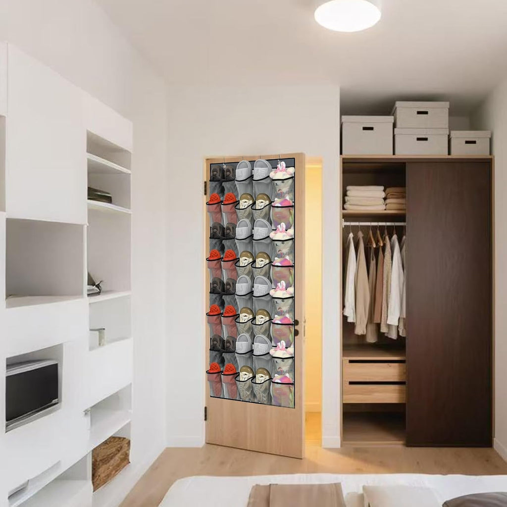 35 Large Pockets Over The Door Shoe Organizer – Sturdy Oxford Fabric Hanging Shoe Rack with Mesh Pockets, Door Shoe Rack with 4 Metal Hooks, Space-Saving Shoe Holder, Gray