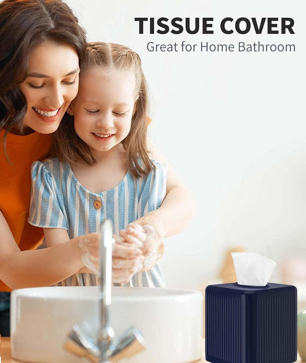 Livelab Tissue Box Cover with Base, Square Plastic Tissue Box Holder Decorative Tissue Box Case Modern Facial Paper Dispenser for Bathroom, Vanity Countertops, Night Stands, Desk - Navy Blue