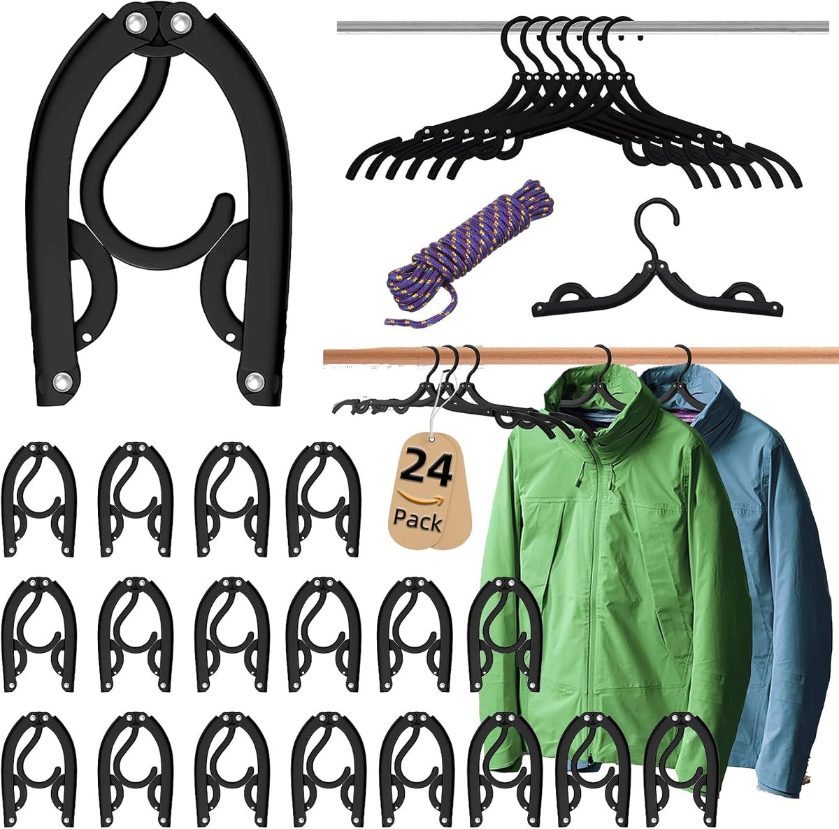 24 Pcs Black Travel Hangers Foldable for Suitcase, Portable Folding Clothes Hangers with Clothesline Travel Accessories, Cruise Ship Essentials Portable Foldable Hangers Drying Rack