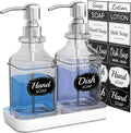 LMQML Soap Dispenser - 2 Pack, Antique Design Thick Glass Hand Soap Dispensers with Sturdy Tray; 304 Rust Proof Stainless Steel Silver Pump, 12Pcs Stickers, for Kitchen, Bathroom