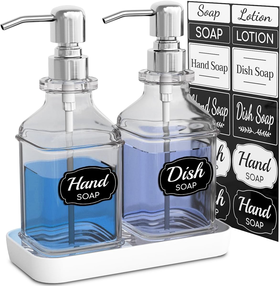LMQML Soap Dispenser - 2 Pack, Antique Design Thick Glass Hand Soap Dispensers with Sturdy Tray; 304 Rust Proof Stainless Steel Silver Pump, 12Pcs Stickers, for Kitchen, Bathroom