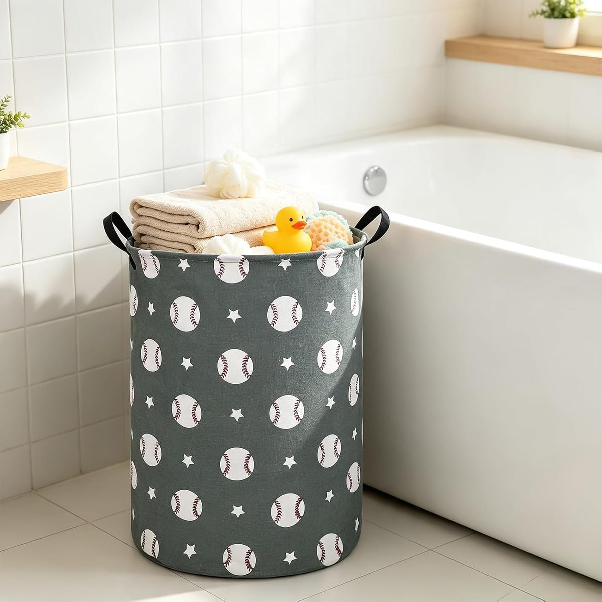 Round Fabric Collapsible Storage Basket with Handles, Grey Baseball