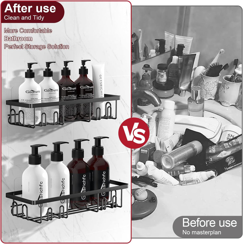 Getsrichfc Shower Caddy Adhesive, Rustproof Shower Shelves for Inside Shower, Large Capacity Bathroom Organizers and Storage, Shower Storage with Removable Hooks, No Drill Bathroom Accessories Black