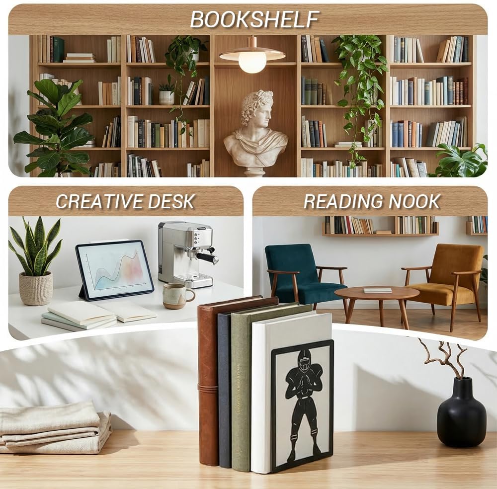Metal Decorative Bookends Set, Spider Web & Football Player Silhouette, Sturdy Non-Slip Book Holders for Shelves, Black (Sports Football - 1 Pair (2 Pcs))