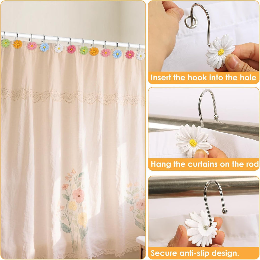 Flower Shower Curtain Hooks, 12 Pack Rustproof Stainless Steel Decorative, Bohemian Floral Bathroom Accessories for Curtain Rod and Shower Rod (Pastel Daisy)