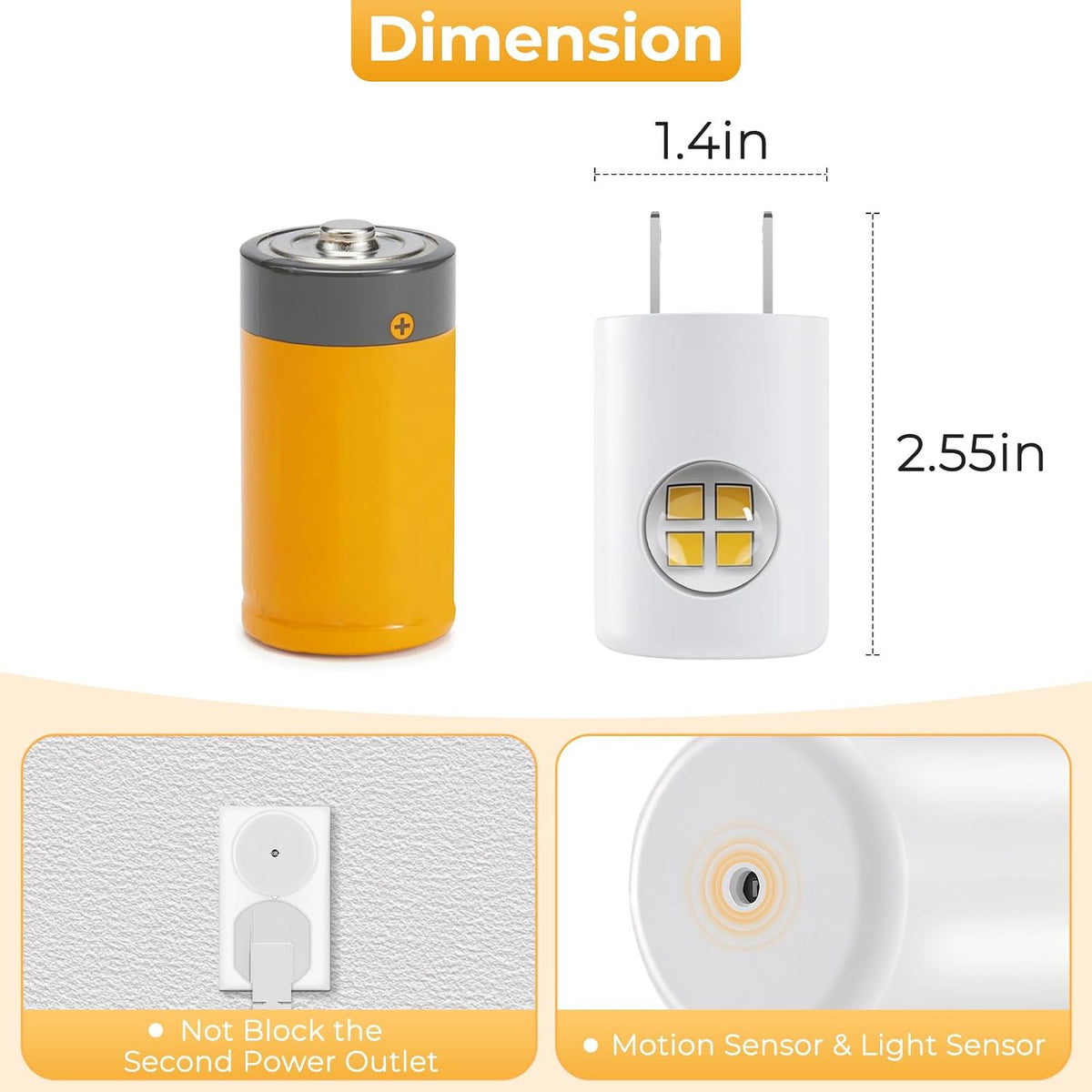 4-Pack Motion Sensor Night Light, Plug-in Wall LED Nightlight with Dusk to Dawn Sensor, Auto On/Off, 2700K Warm White 100 Lumens, Rotatable Plug-in Design for Hallway Staircase Bathroom Kitchen