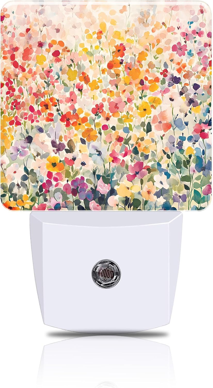 Colorful Flowers Night Light, Watercolor Floral Plug-in Nightlight with Dusk to Dawn Auto Sensor for Home Bedroom Hallway Kitchen 0.5W Sleep Friendly Led Lamp for Women Men