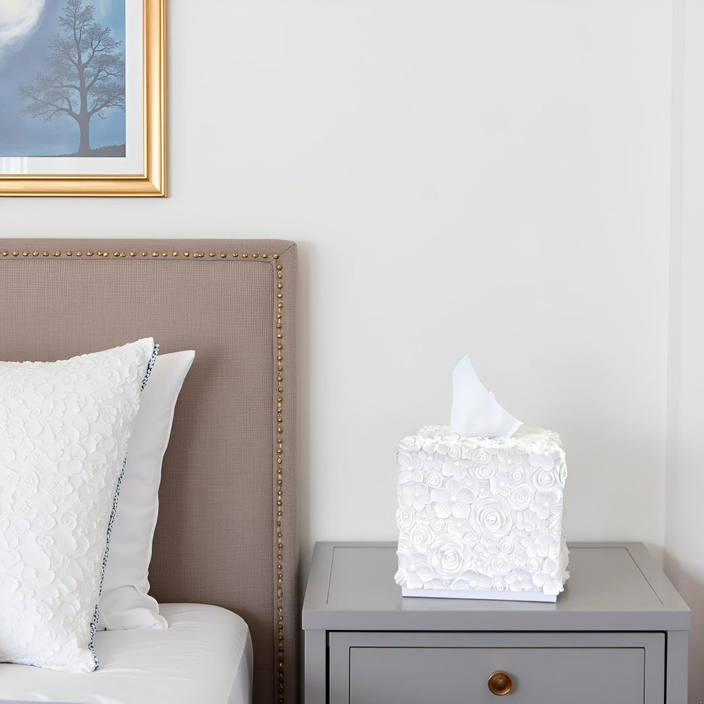 Square Tissue Box Cover Decorative Kleenex Box Holder for Bathroom & Living Room with Handcrafted Texture (Rose White)