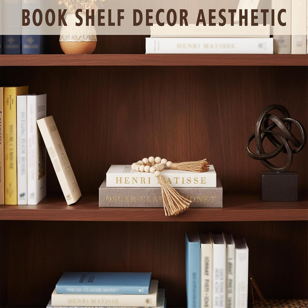 Decorative Books Set with Wood Bead Garland, Coffee Table Decor