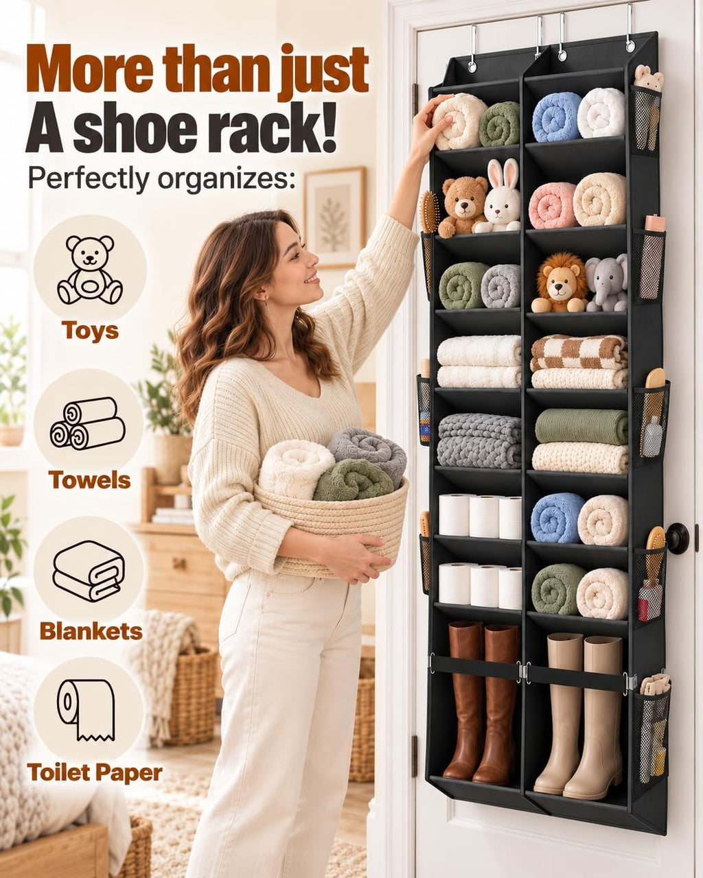 Over the Door Shoe Organizer with Oversized Boot Pocket, Hanging Storage