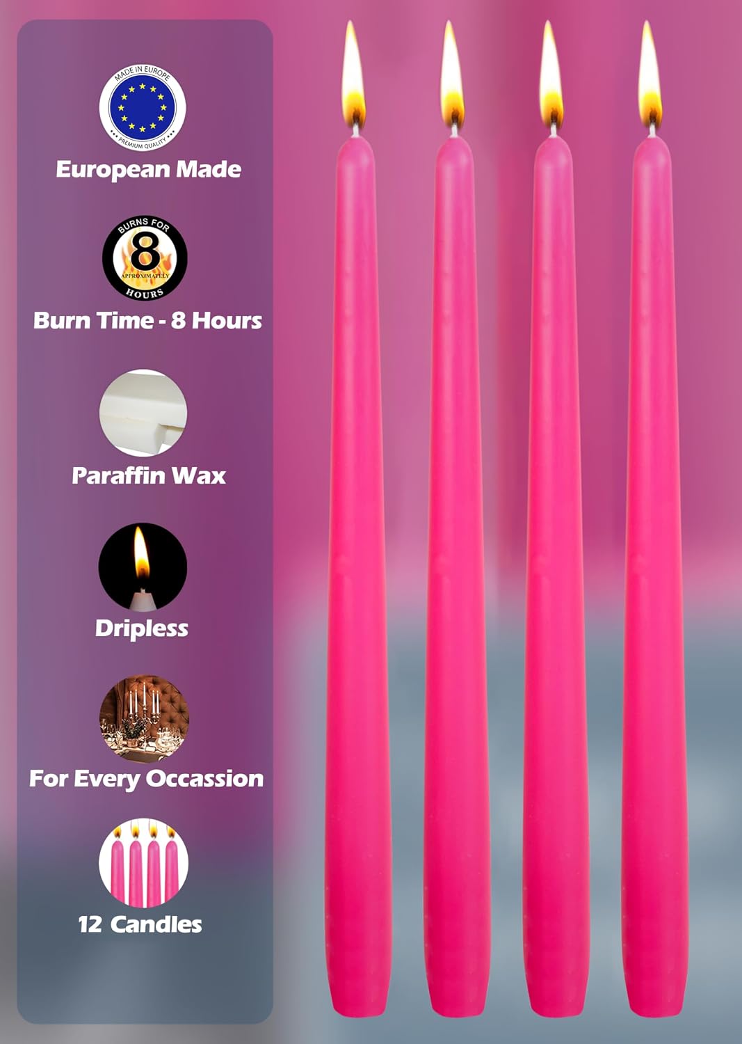 Hyoola 12 Pack Tall Taper Candles - 10 Inch Hot Pink - Fuchsia Dripless, Unscented Dinner Candle - Paraffin Wax with Cotton Wicks - 8 Hour Burn Time