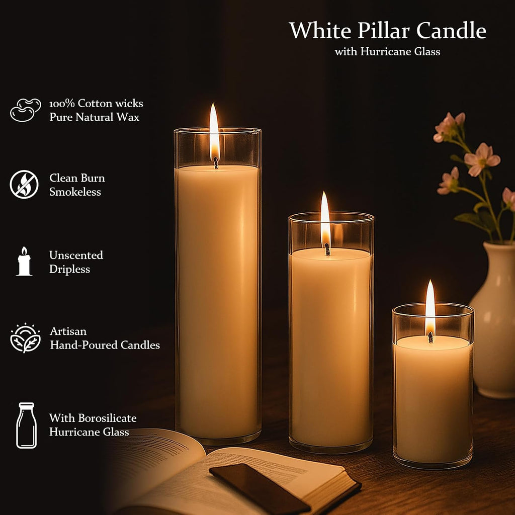 18 PCS Pillar White Candles in Glass,Hurricane Candles,Wedding Cylinder Candle,3 Different Lengths 2 x 3/6/8 Inch (6 Each),Creating an Atmosphere Suitable for Various Outdoor Activities.