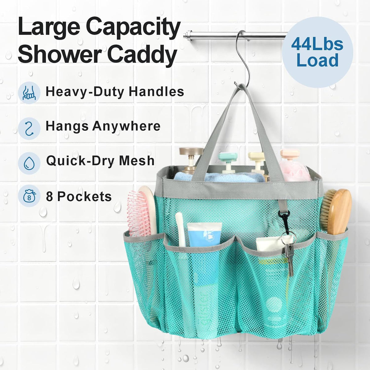 Mesh Shower Caddy Portable - 8 Pockets, S-Hook, Shower Bag for Dorm Camping