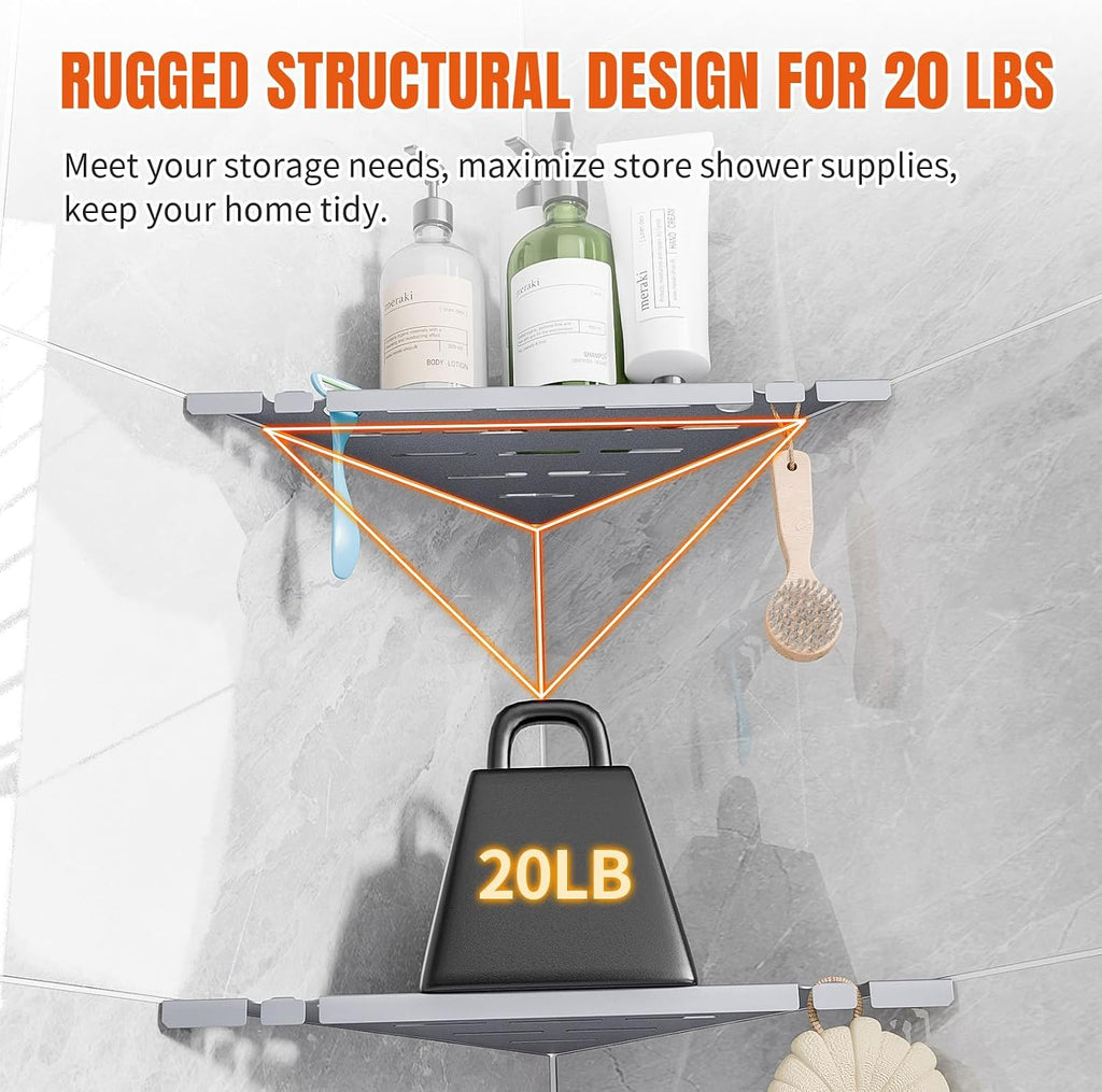 Shower Corner Shelf Organizer Rack with Hooks & Razor Hole, 2Pack-Silver