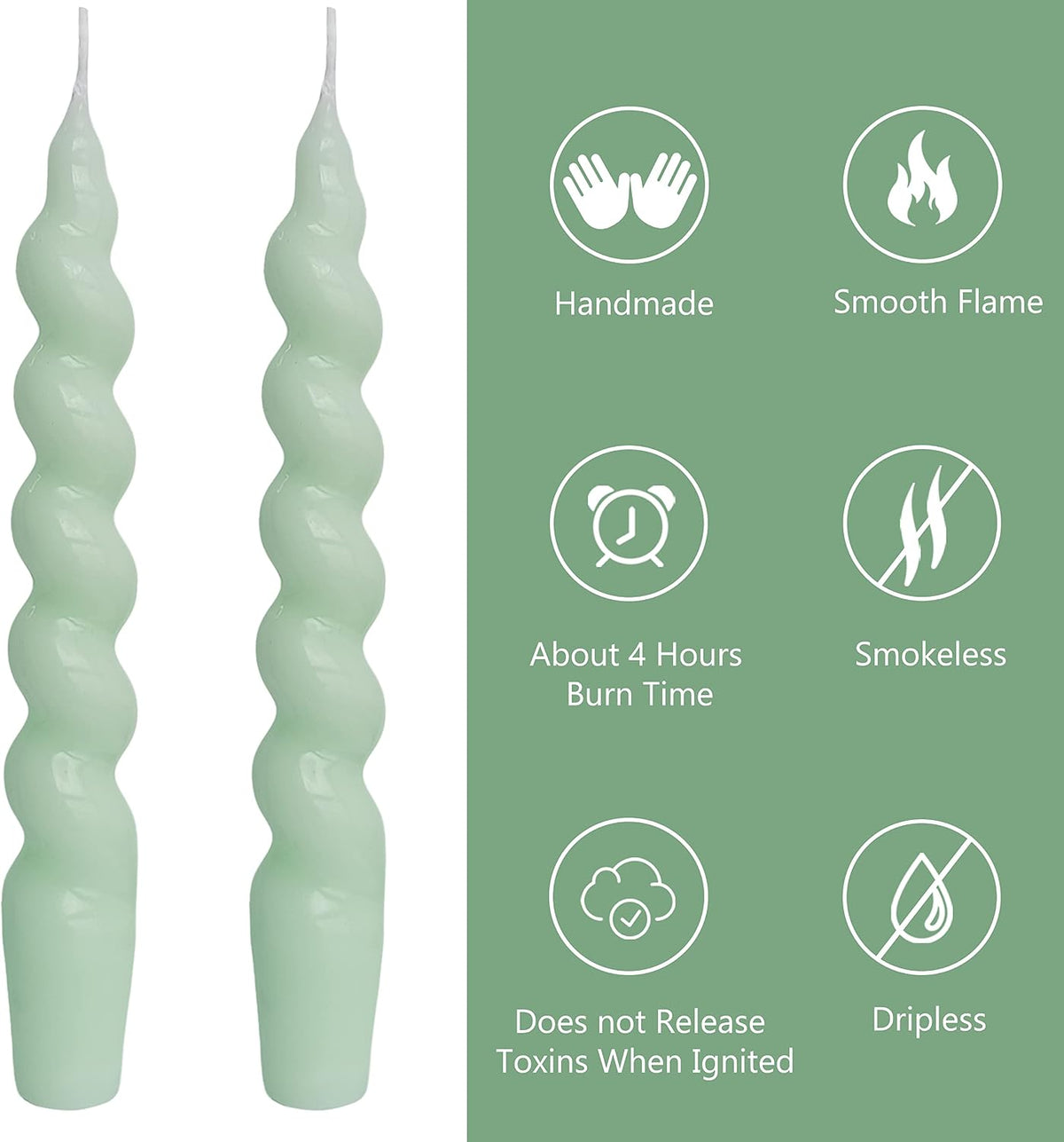 Light Green Spiral Taper Candles Set of 2, 7.5 Inch Unscented for Wedding