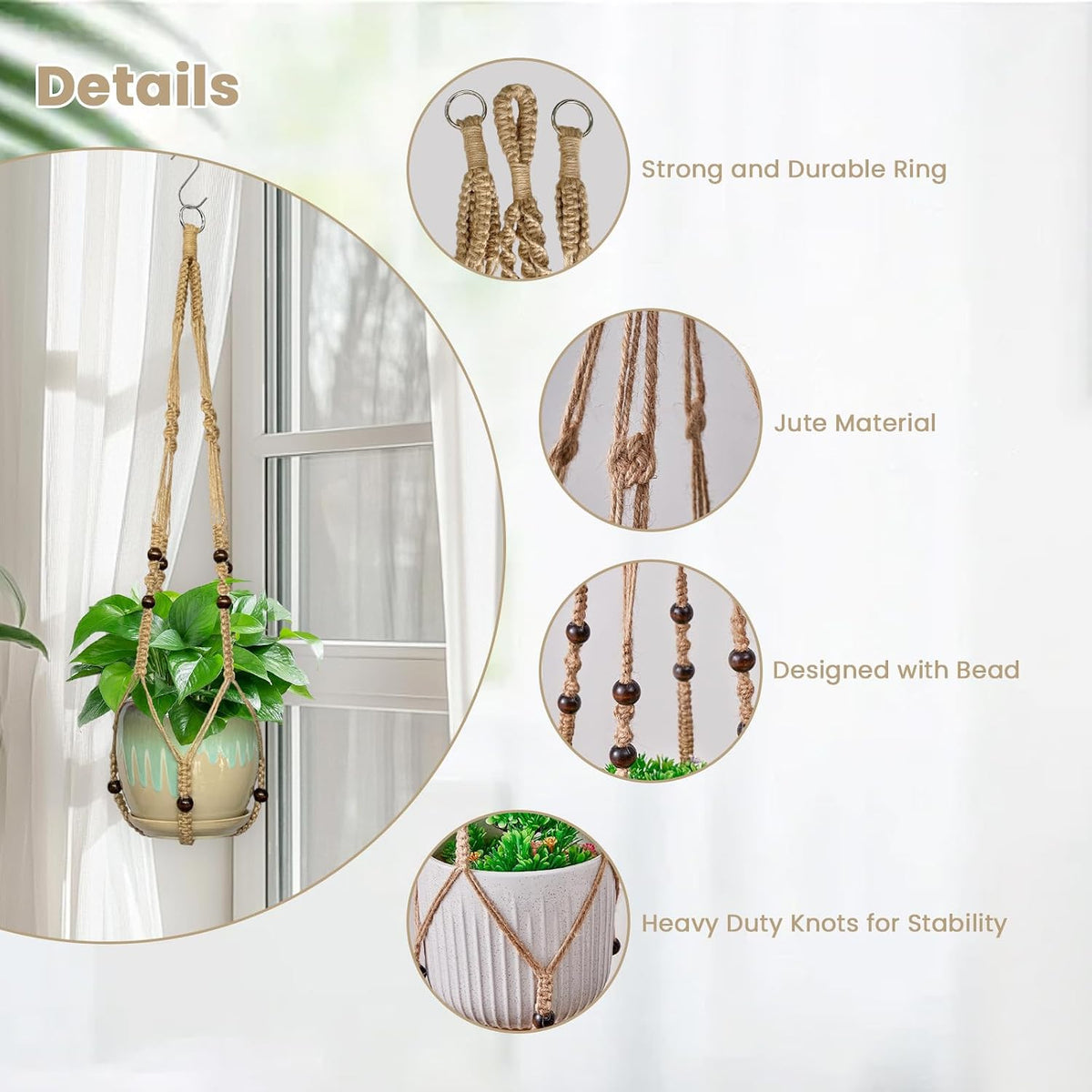 3 Pcs Macrame Plant Hangers,Indoor Different Size Hanging Planter Basket Flower Pot Holder with Beads,No Tassels Hanging Planter Basket with Wood Beads for Indoor Outdoor Home Decor