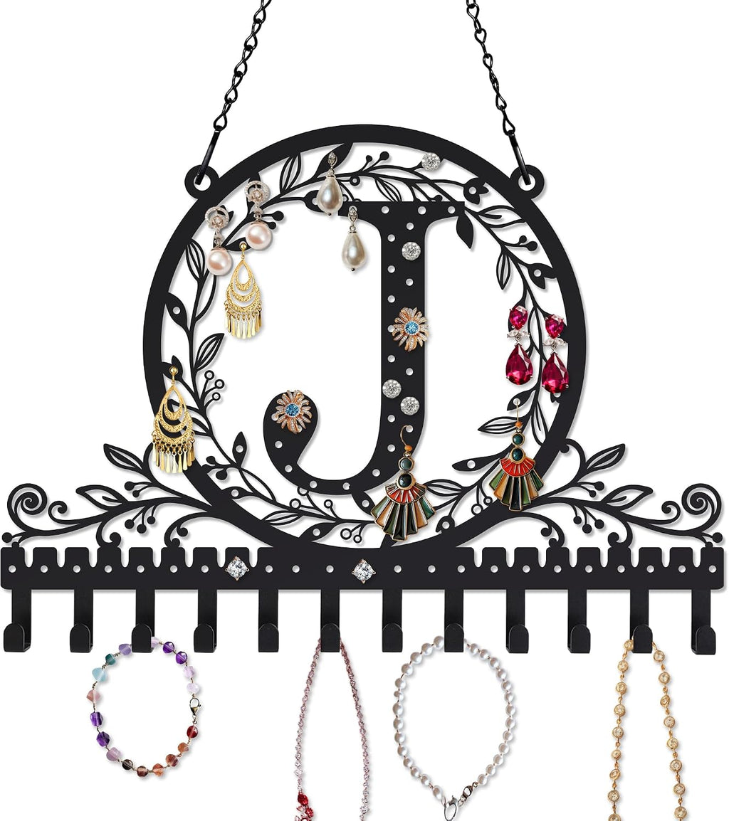 Personalized Wall Mounted Metal Initial Letter J Earring Holder Jewelry Organizer for Earrings and Necklaces Space Saving Wall Display with Hooks Jewelry Storage Bedroom Vanity Gift for Women