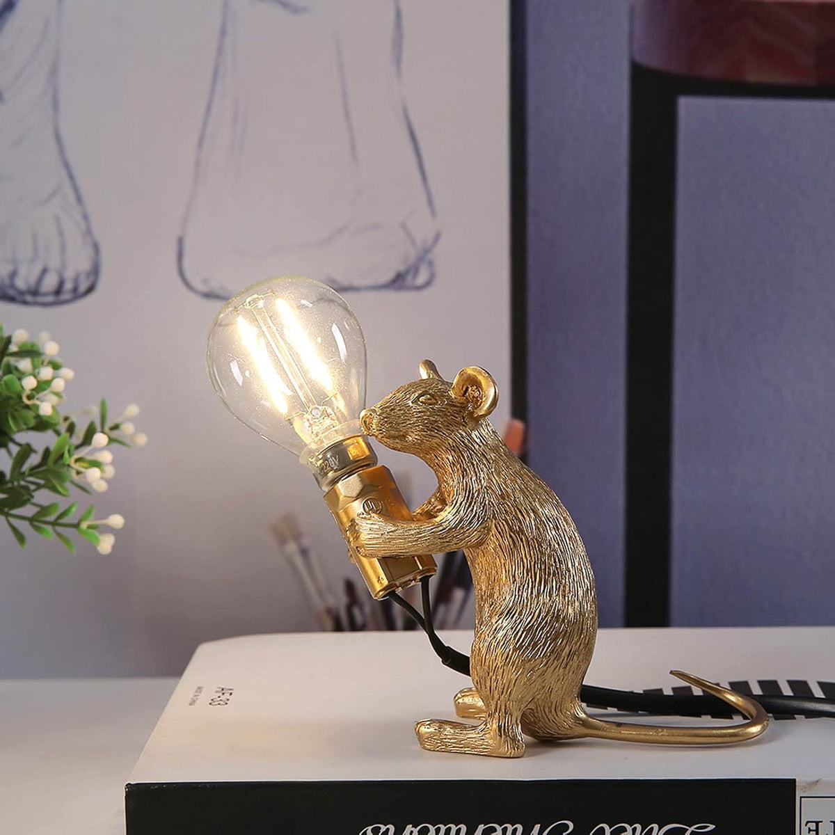 NorDiem Cute Mouse Table Lamp, Gold Sitting Resin Animal Desk Light with E12 LED Bulb Included, Warm Glow Mini Bedside Lamp for Kids Bedroom Nursery Playroom Girls Boys Toddlers