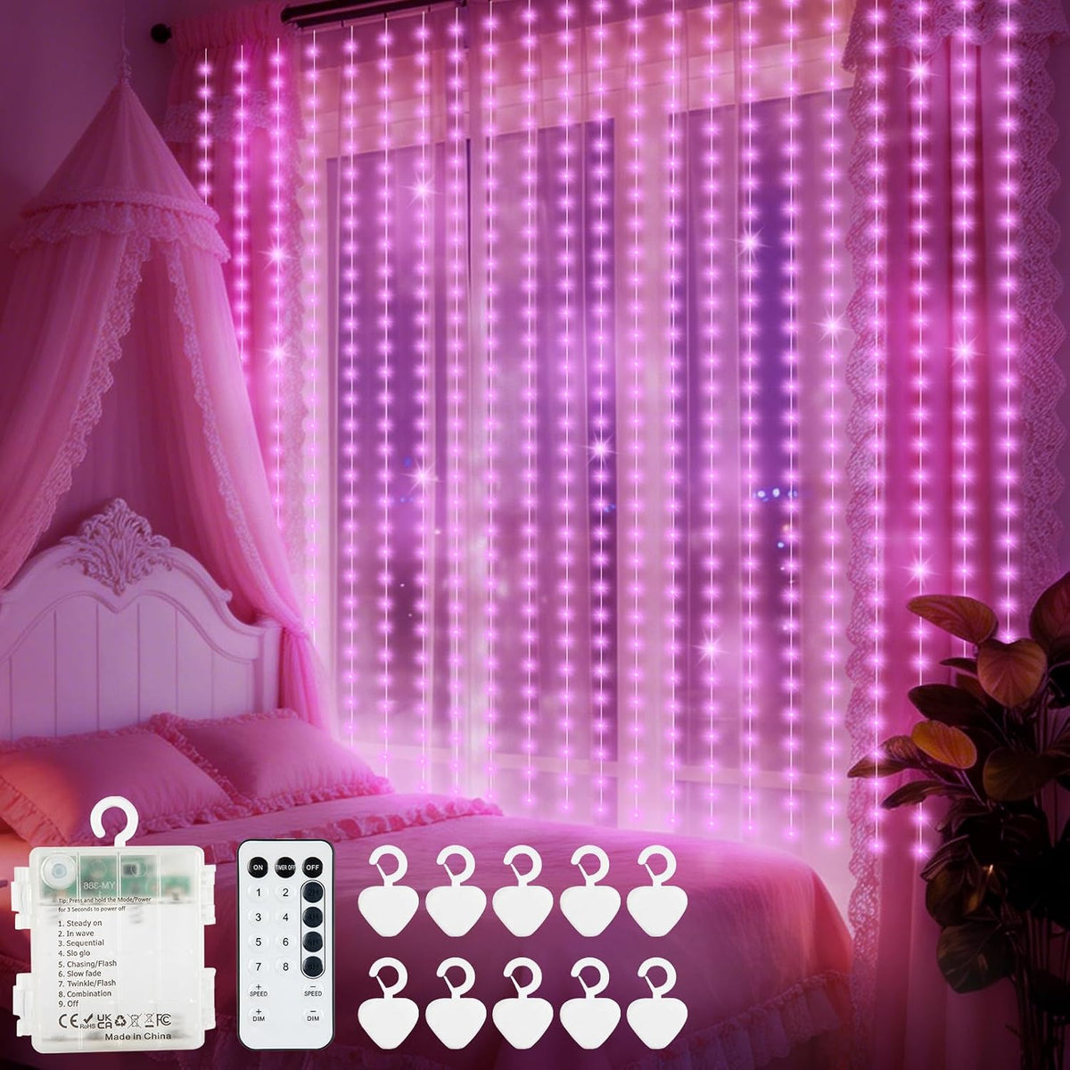 echosari Curtain Lights Battery Operated 9.8 x 9.8Ft with Timer Pink