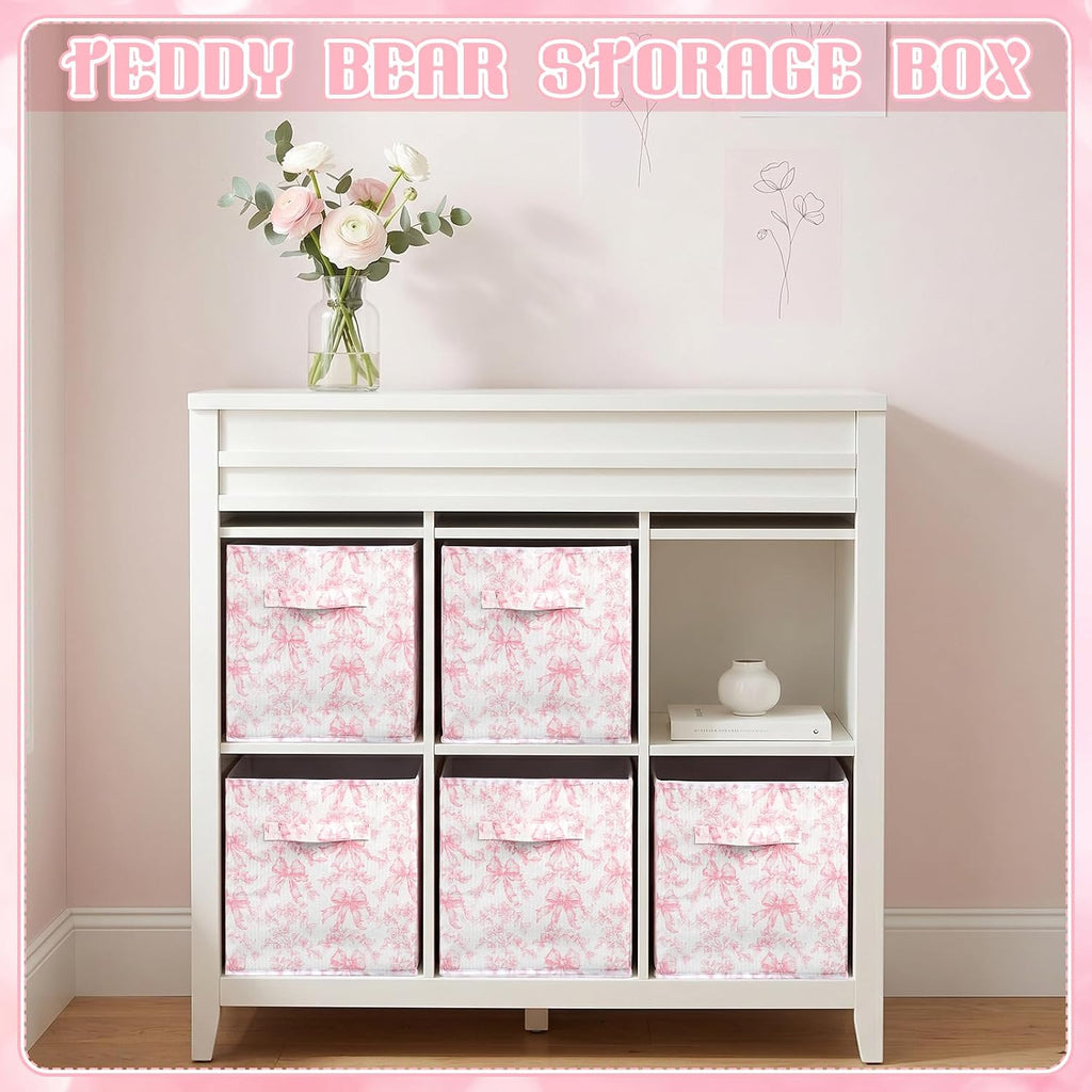 Geelin 6 Pcs Pink Floral Bow Cube Storage Bins 11 in Basket with Handle
