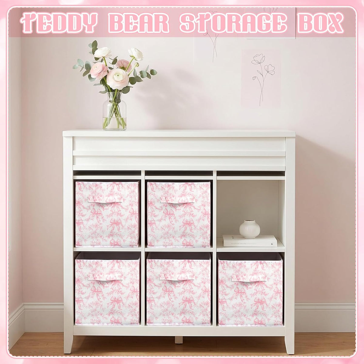 Geelin 6 Pcs Pink Floral Bow Cube Storage Bins 11 in Basket with Handle